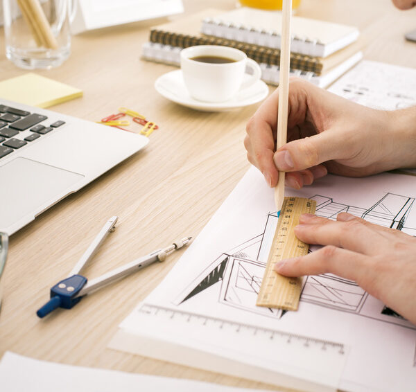Side view of young architect using ruler and pencil to draw blueprint on wooden office desktop with stationery items, coffee cup and laptop keyboard